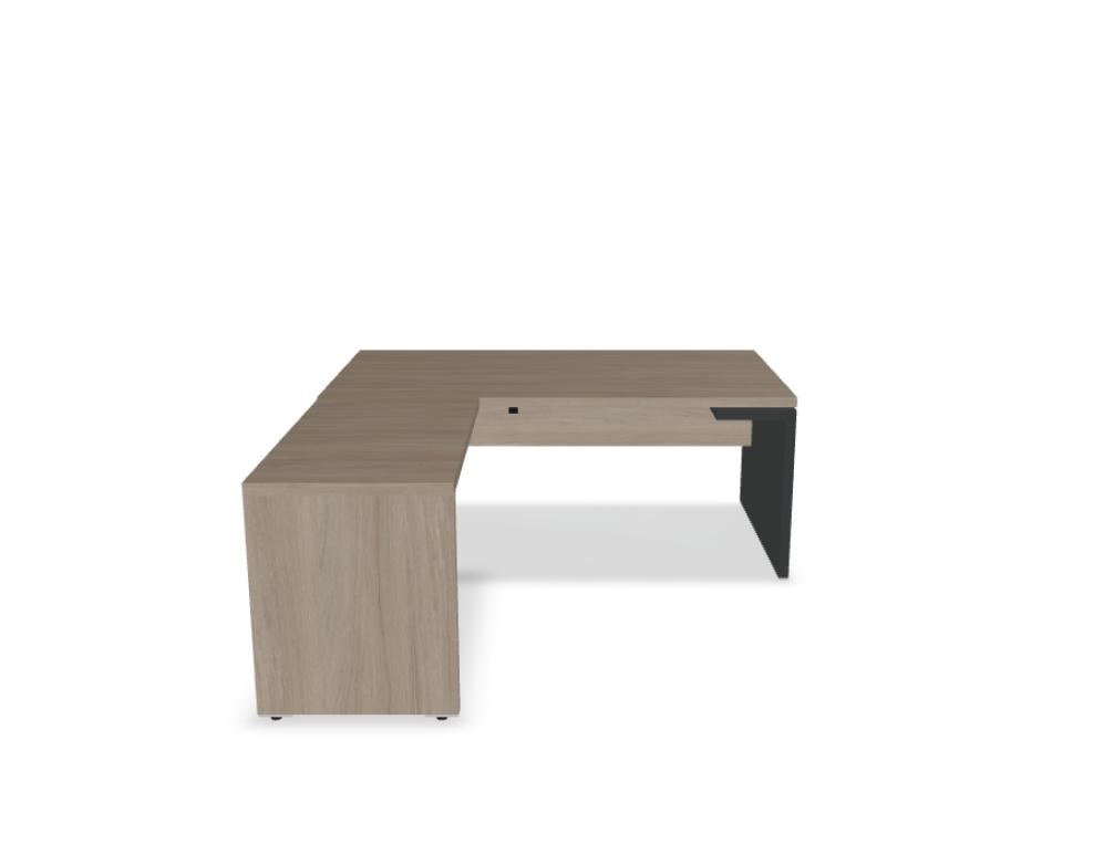 Chefschreibtisch Mito von Mdd in Bernsteineiche mit HPL-Wangenfuss in schwarz oder weiss, Melaminplatte mit ABS-Umleimer, rechteckige Form.