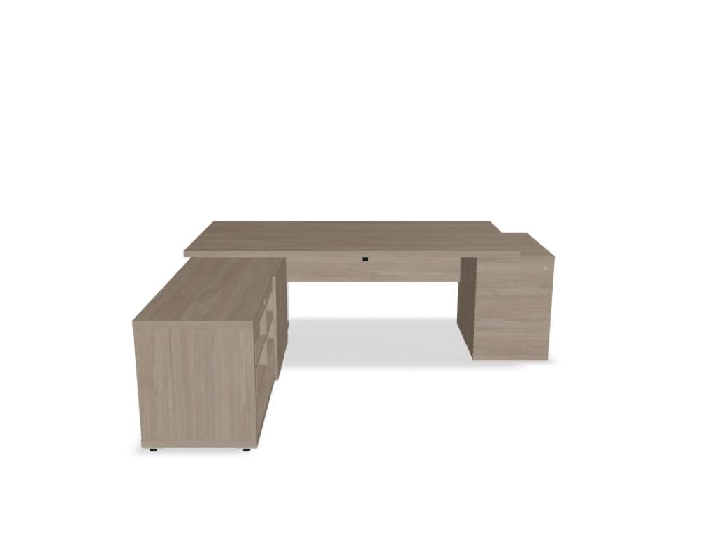 Chefschreibtisch Mito von Mdd in Bernsteineiche mit HPL-Wangenfuss in schwarz oder weiss, Melaminplatte mit ABS-Umleimer, rechteckige Form.