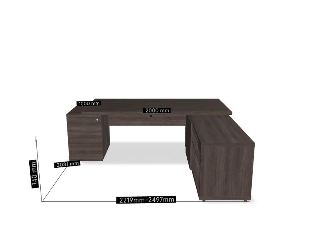 Chefschreibtisch Mito von Mdd in Bernsteineiche mit HPL-Wangenfuss in schwarz oder weiss, Melaminplatte mit ABS-Umleimer, rechteckige Form.