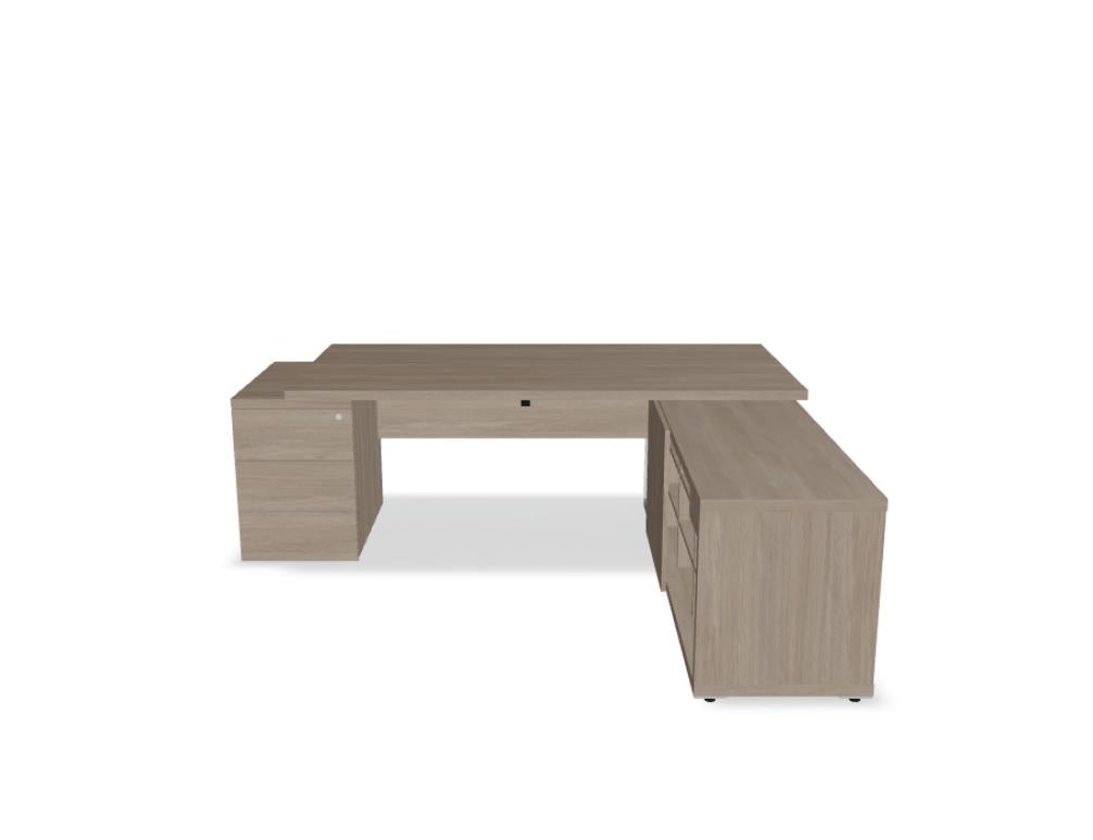 Bild zeigt den Mito MIT1KDP Chefschreibtisch von Mdd: geräumige Arbeitsfläche, Vorderseite mit klaren Linien, heller Holzton, elegante Metallbeine, modernes Designer-Statement für das Home-Office