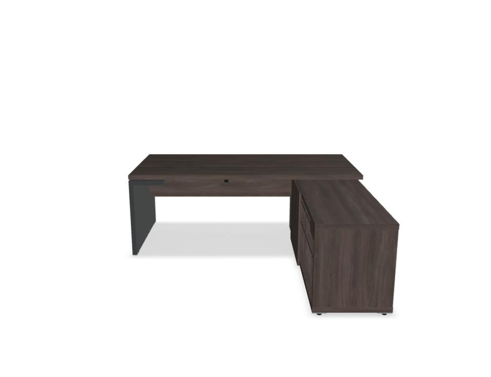 Chefschreibtisch Mito von Mdd in Bernsteineiche mit HPL-Wangenfuss in schwarz oder weiss, Melaminplatte mit ABS-Umleimer, rechteckige Form.