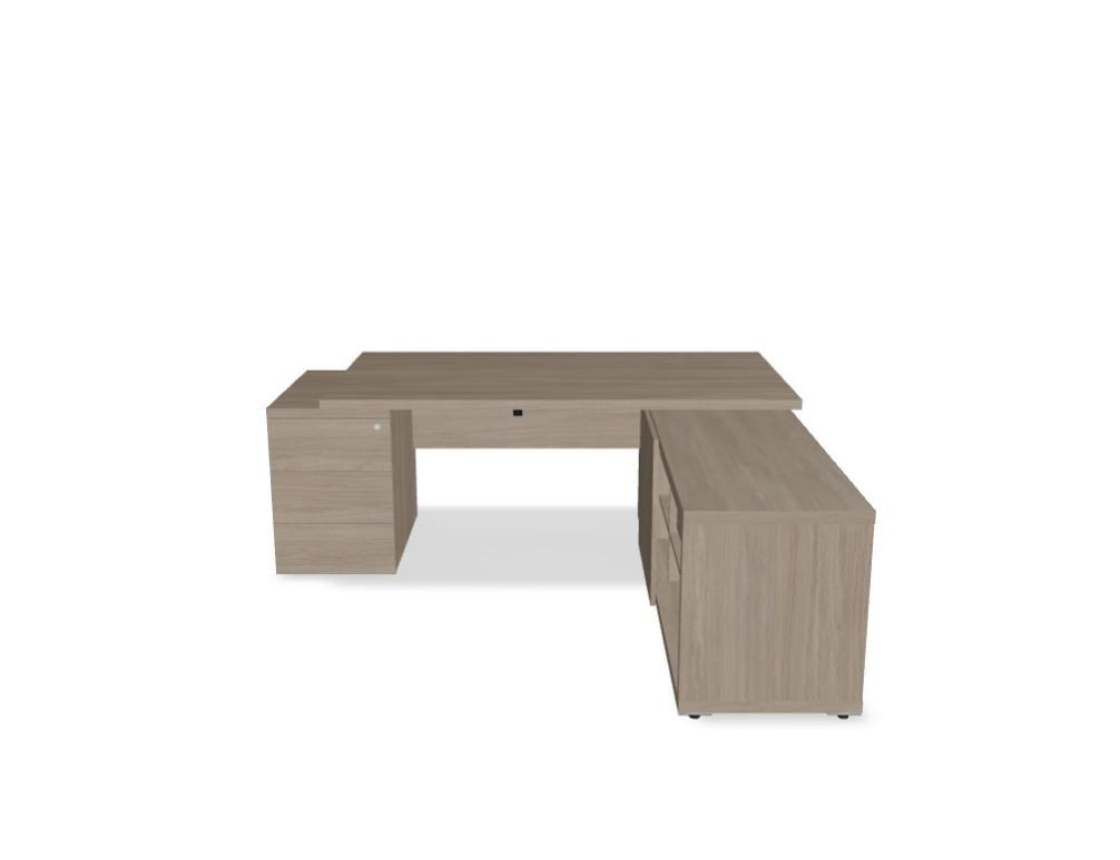Chefschreibtisch Mito von Mdd in Bernsteineiche mit HPL-Wangenfuss in schwarz oder weiss, Melaminplatte mit ABS-Umleimer, rechteckige Form.