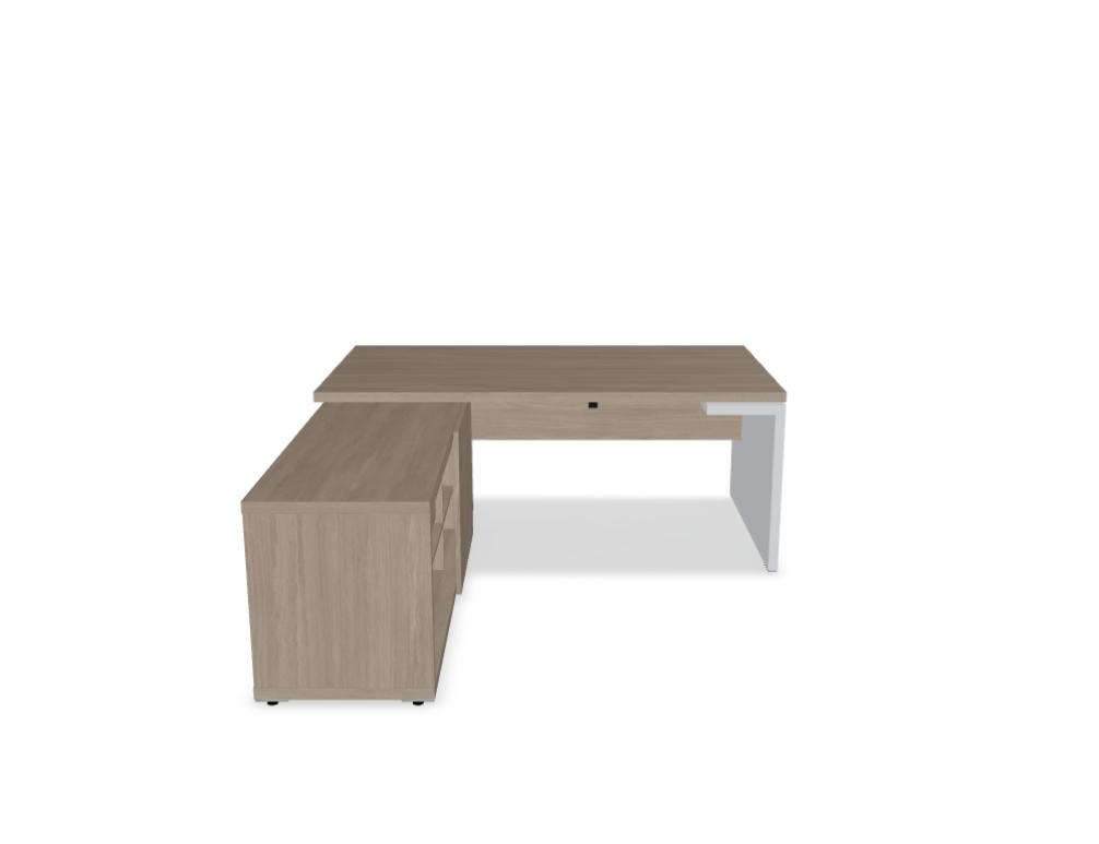 Chefschreibtisch Mito von Mdd in Bernsteineiche mit HPL-Wangenfuss in schwarz oder weiss, Melaminplatte mit ABS-Umleimer, rechteckige Form.