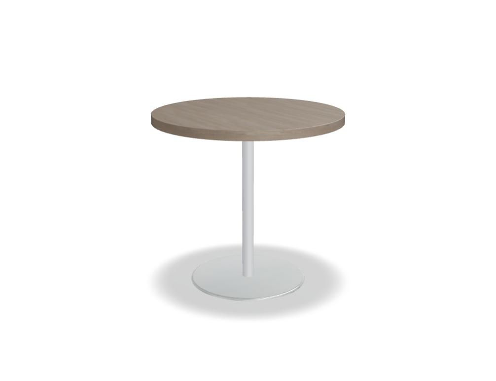 Quadratischer Esstisch Mito mit Platte in Bernsteineiche, Metallsäule und Tellerfuss aus Edelstahl, weiss pulverbeschichtetes Gestell.