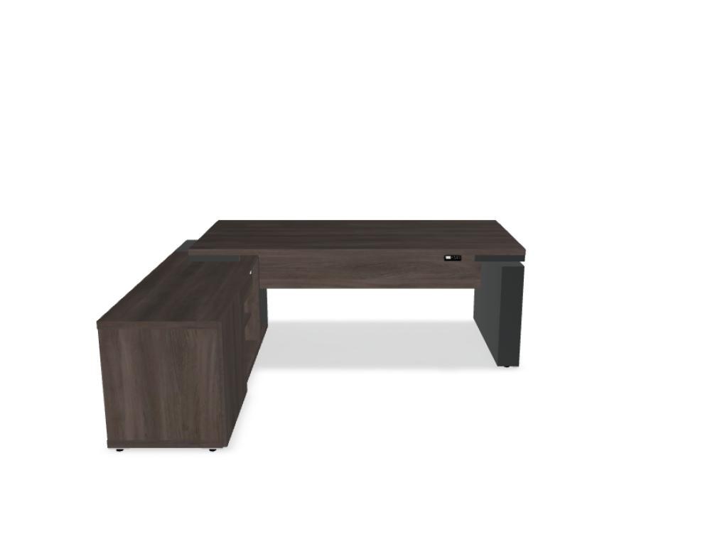 Chefschreibtisch Mito von Mdd mit Platte in Bernsteineiche, elektrisch höhenverstellbarem Metallgestell und Wangenfuss in Anthrazit.