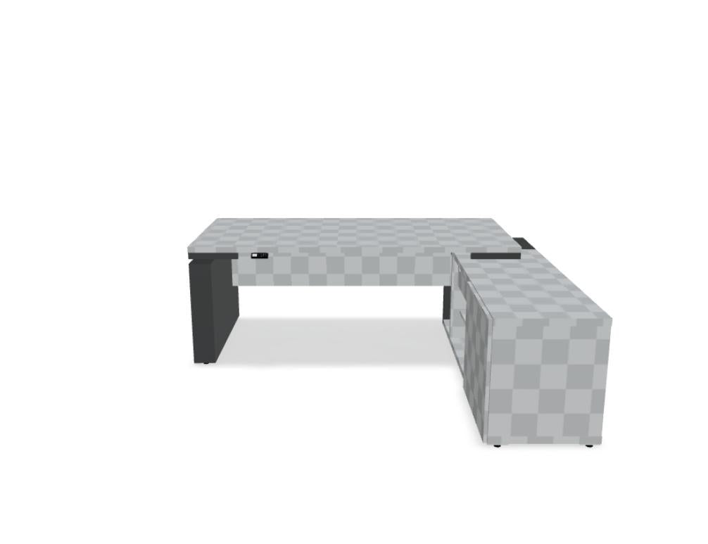 Chefschreibtisch Mito von Mdd mit Platte in Bernsteineiche, elektrisch höhenverstellbarem Metallgestell und Wangenfuss in Anthrazit.