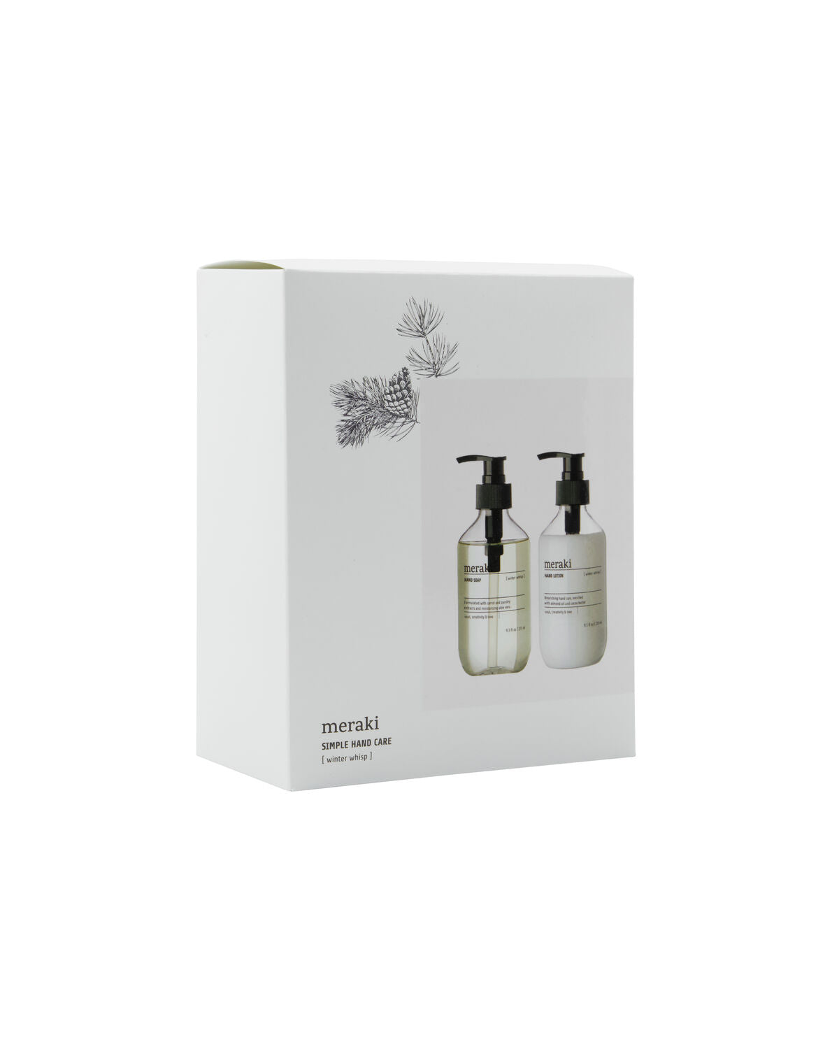 Stilvolle Geschenkverpackung mit winterlicher Handseife und Handlotion von Meraki, perfekt für Pflege und Wohlbefinden in der kalten Jahreszeit.
