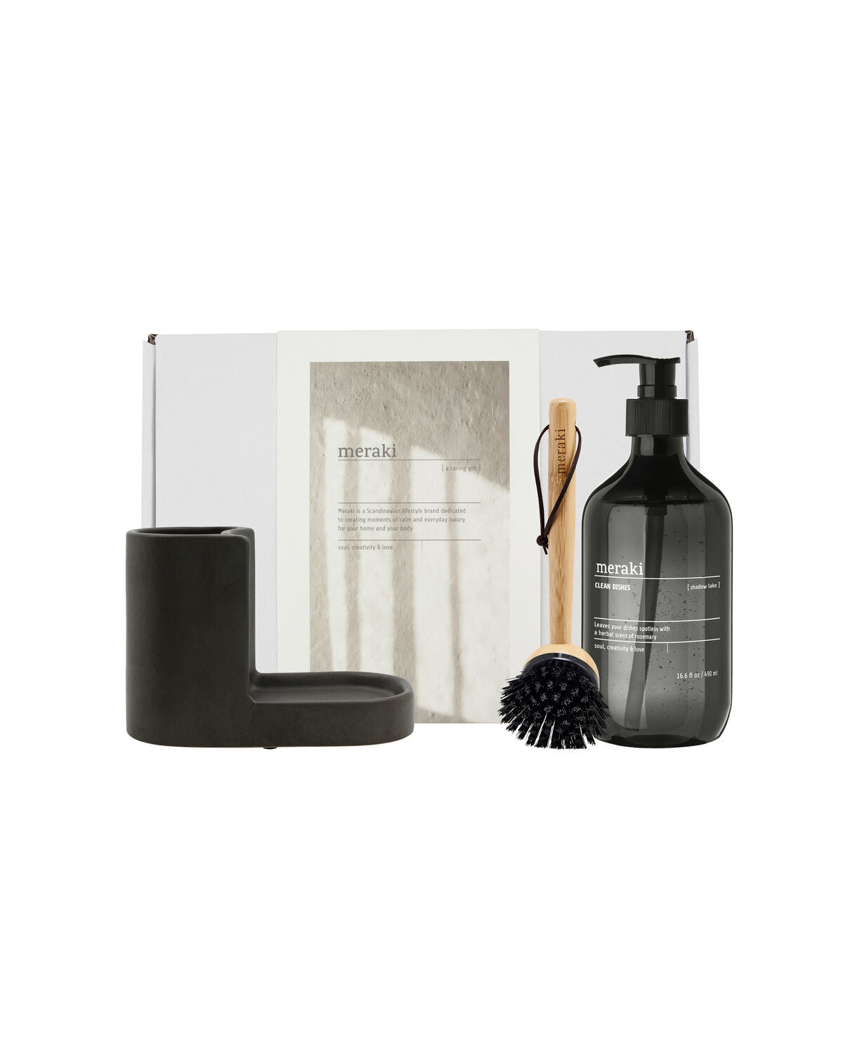 Gift box, dark grey holder + nature brush + shadow lake dish wash, 490 ml in Grey präsentiert im Onlineshop von KAQTU Design AG. Lebensmittel ist von Meraki