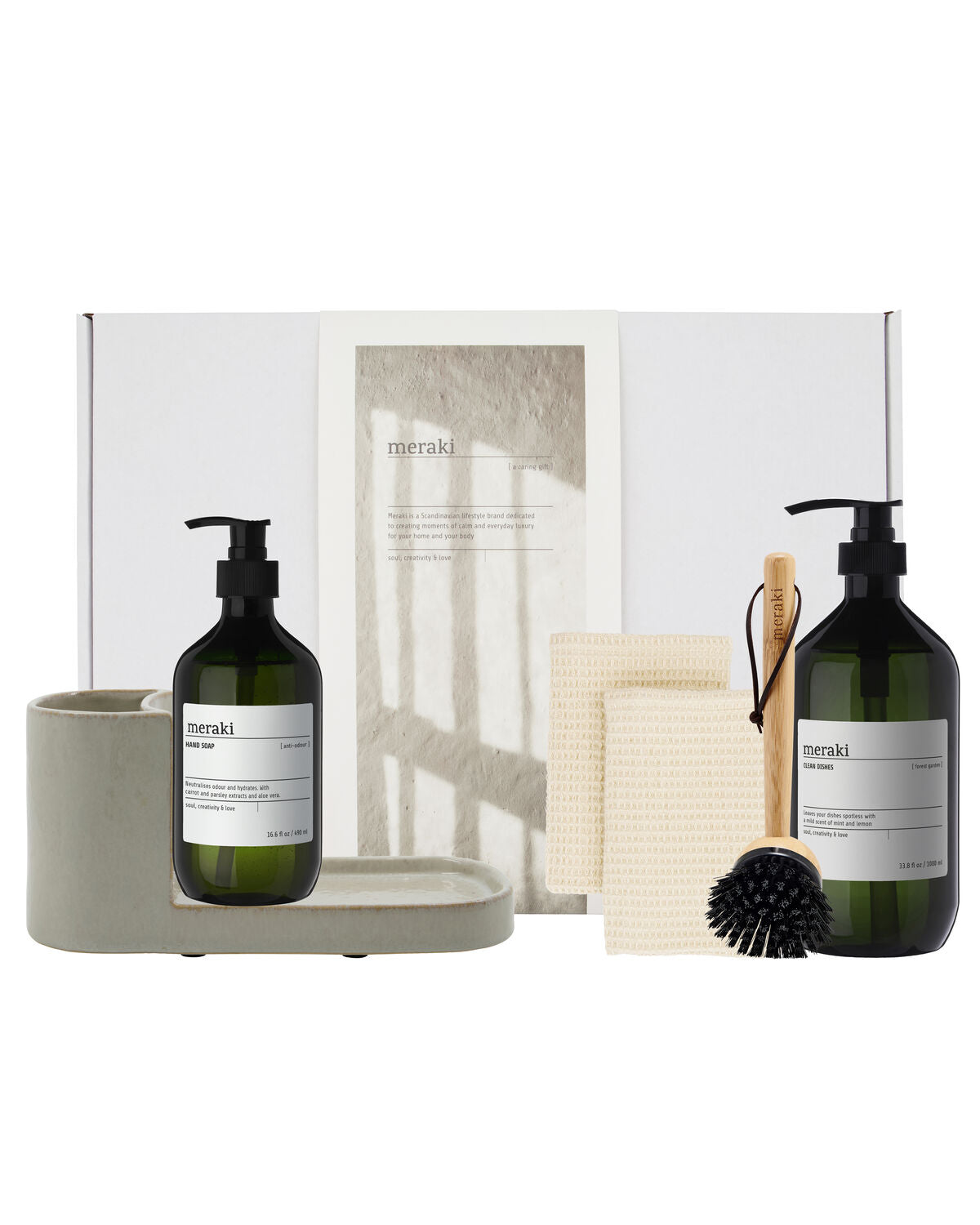 Gift box, grey holder + nature brush + anti-odour hand soap, forest garden dish wash, 490|1000 ml|ml in White präsentiert im Onlineshop von KAQTU Design AG. Geschenkset ist von Meraki