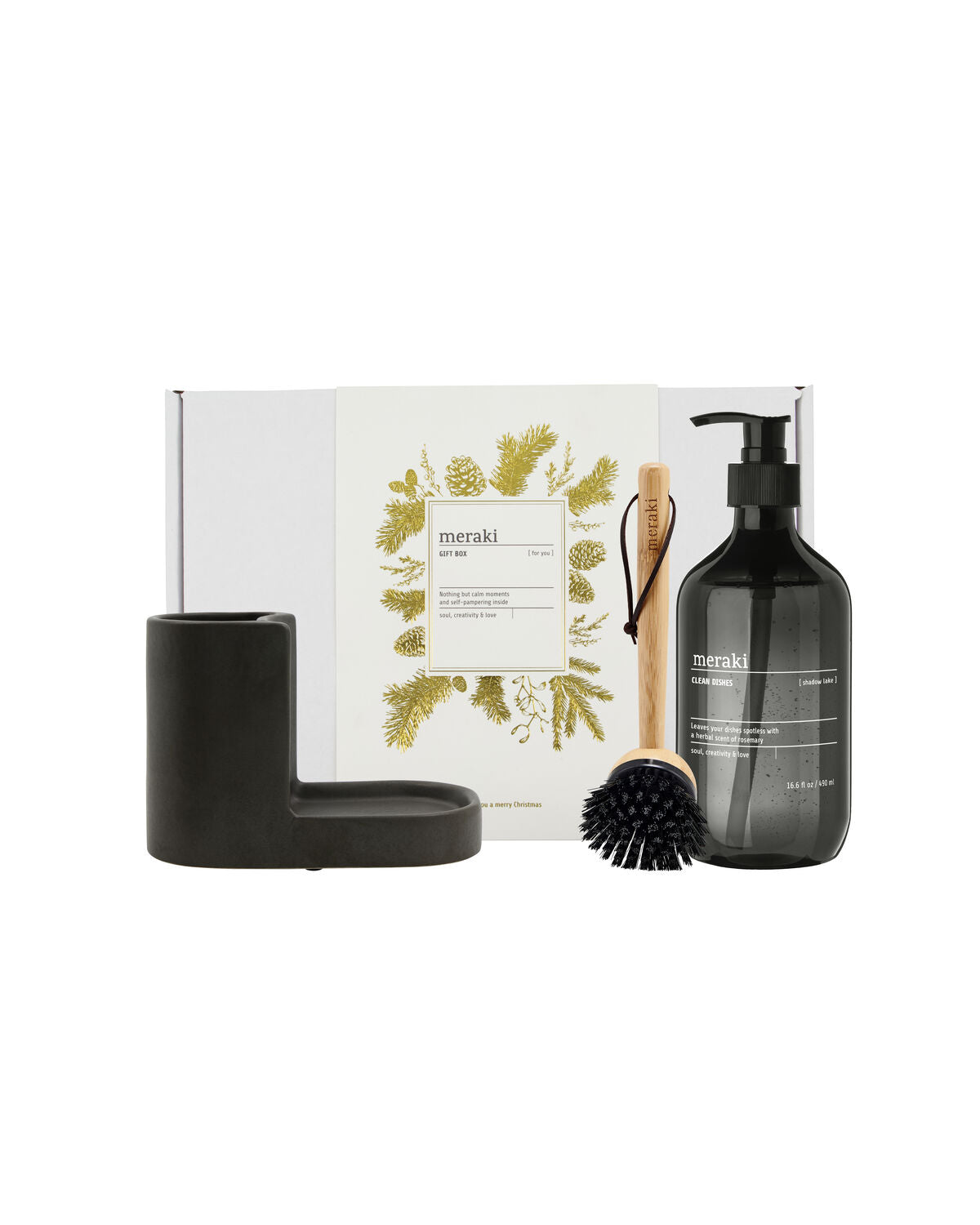 Gift boxCH, dark grey holder + nature brush + shadow lake dish wash, 490 ml in White präsentiert im Onlineshop von KAQTU Design AG. Geschenkset ist von Meraki