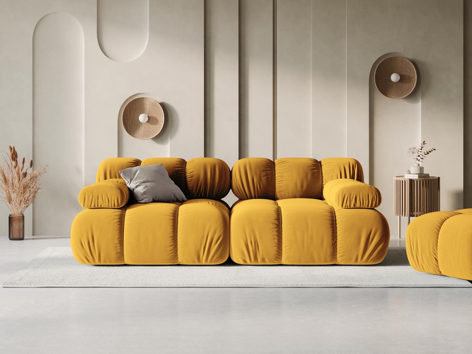 Elegantes Bellis Velour Sofa in Gelb-Blau, 2-Sitzer, 94 cm, ideal für stilvolle Wohnräume. Modulares Design von Micadoni.