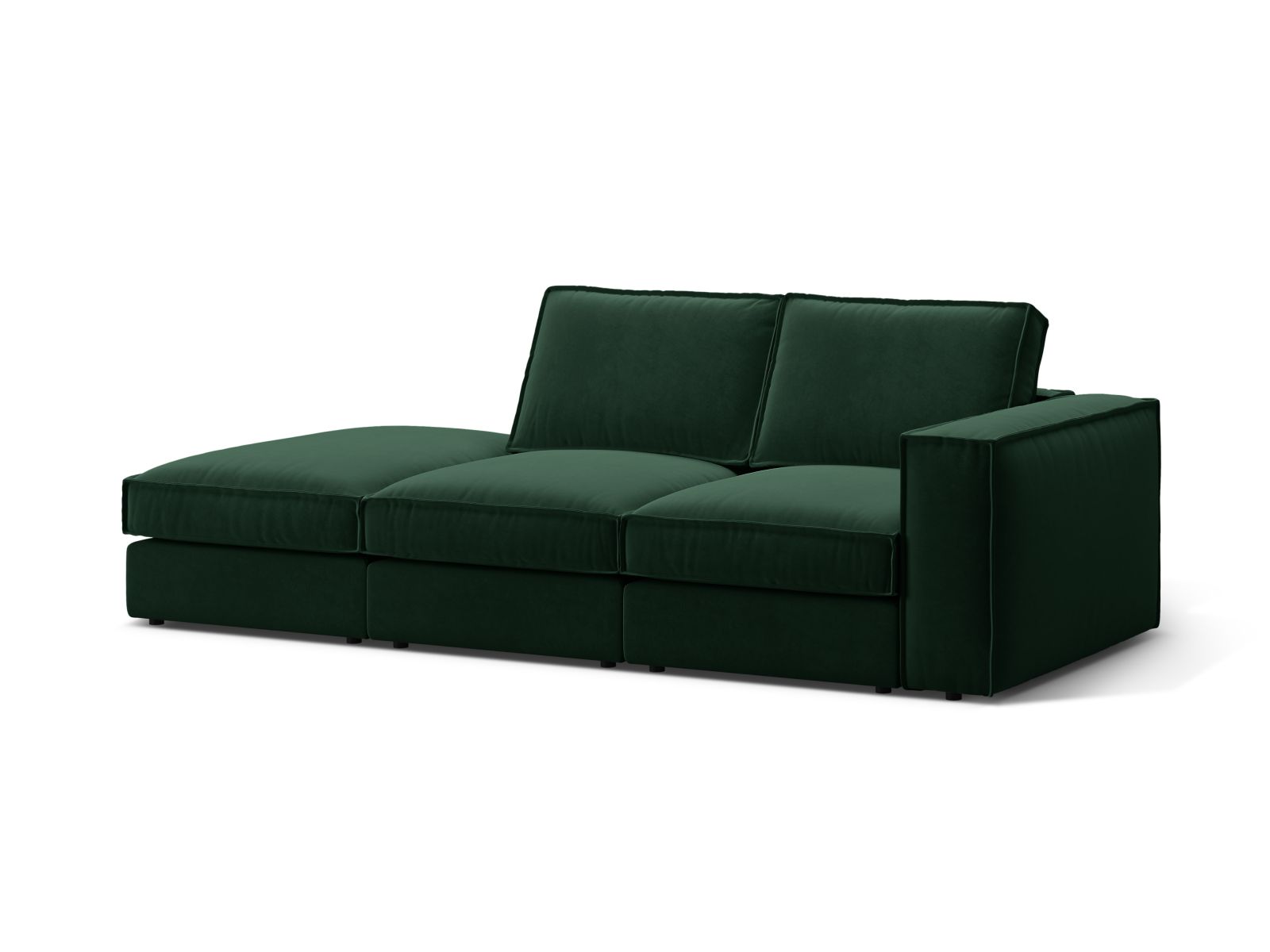Elegantes 3-Sitzer Sofa Pola Open End links in Flaschengrün, ideal für moderne Wohnräume, erhältlich bei KAQTU Design AG.