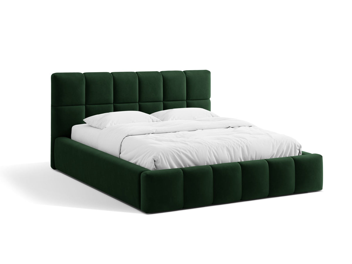 Gelbes Polsterbett Bellis mit gepolstertem Kopfteil, Stoffbezug Bluvel, schwarzen Kunststoffbeinen und integriertem Bettkasten mit Frontöffnung.