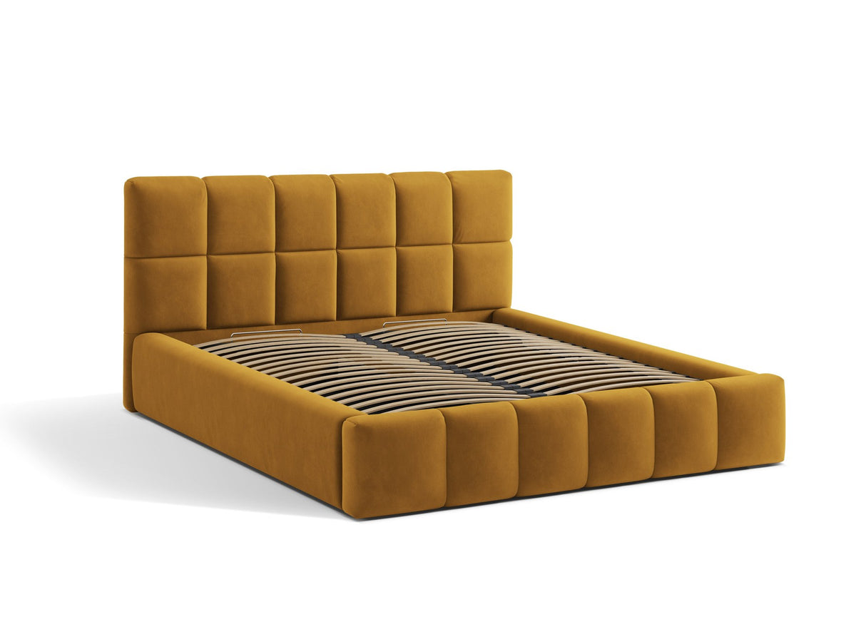 Polsterbett Bellis mit gepolstertem Kopfteil in Leichtes Beige, Stoff Eden, Gaslift-Bettkasten und schwarzen Kunststoffbeinen.