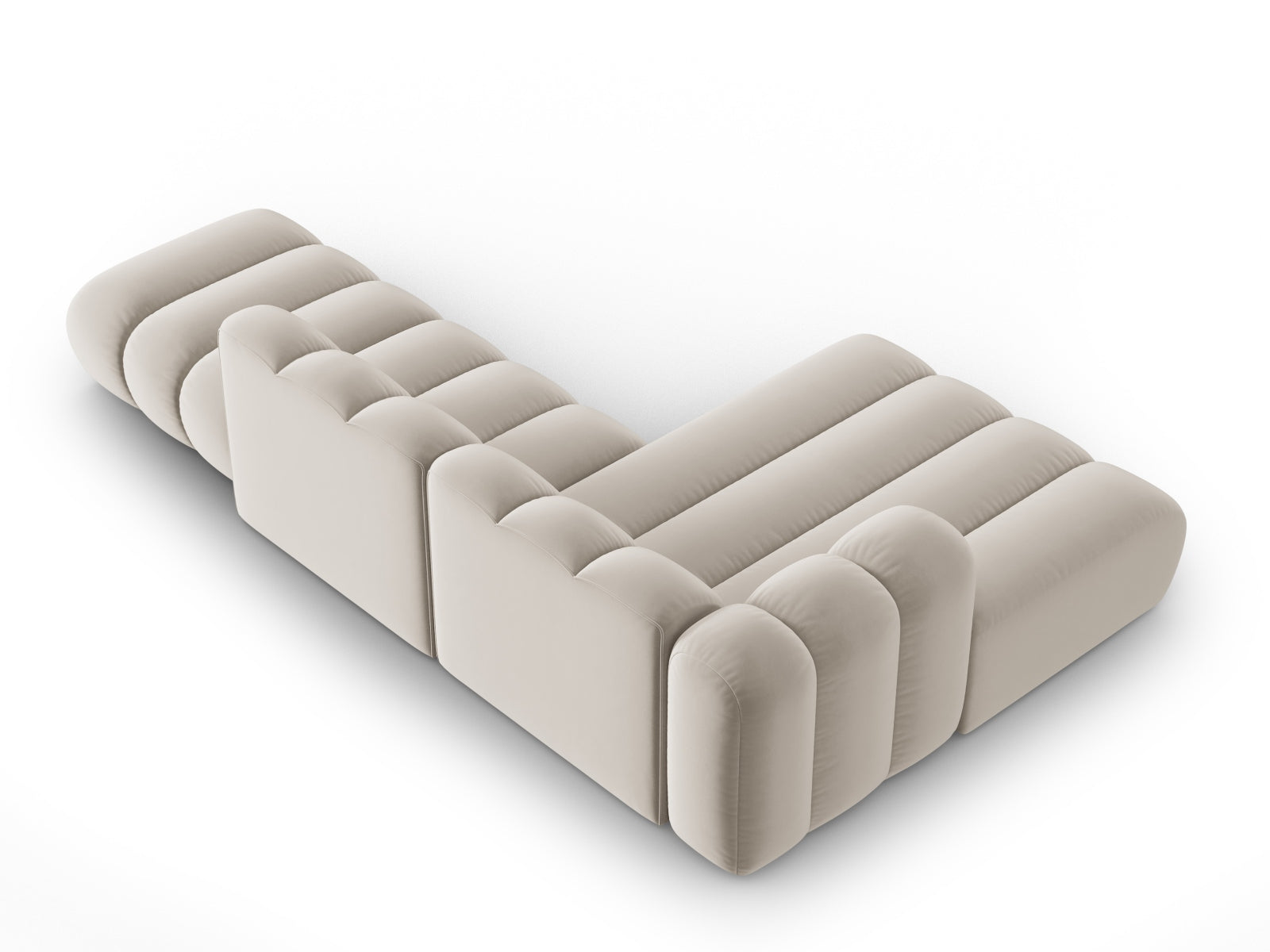 Elegantes, modulares Ecksofa in beigem Velour von Micadoni, 5-Sitzer, offen links, perfekt für moderne Wohnkonzepte und entspannte Stunden.