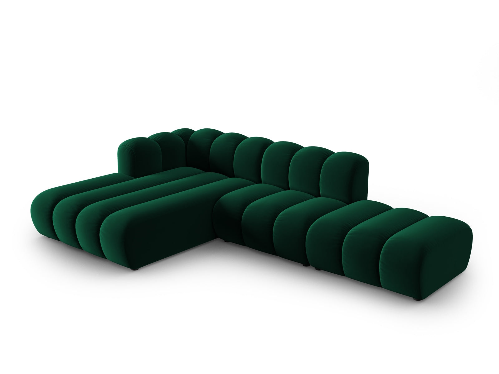 Elegantes Lupine Velour Ecksofa in Flaschengrün, modulares Design, 5-Sitzer, ideal für stilvolle Wohnräume, präsentiert von Micadoni.