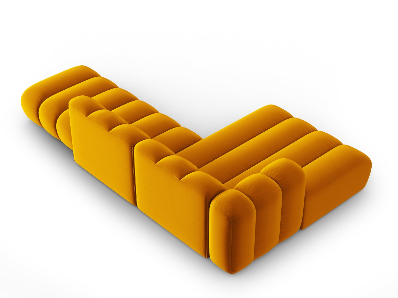 Stylisches, modulares Ecksofa in edlem Velours, 5-Sitzer, links offen, strahlendes Gelb, ideal für zeitgemäße Wohnräume.