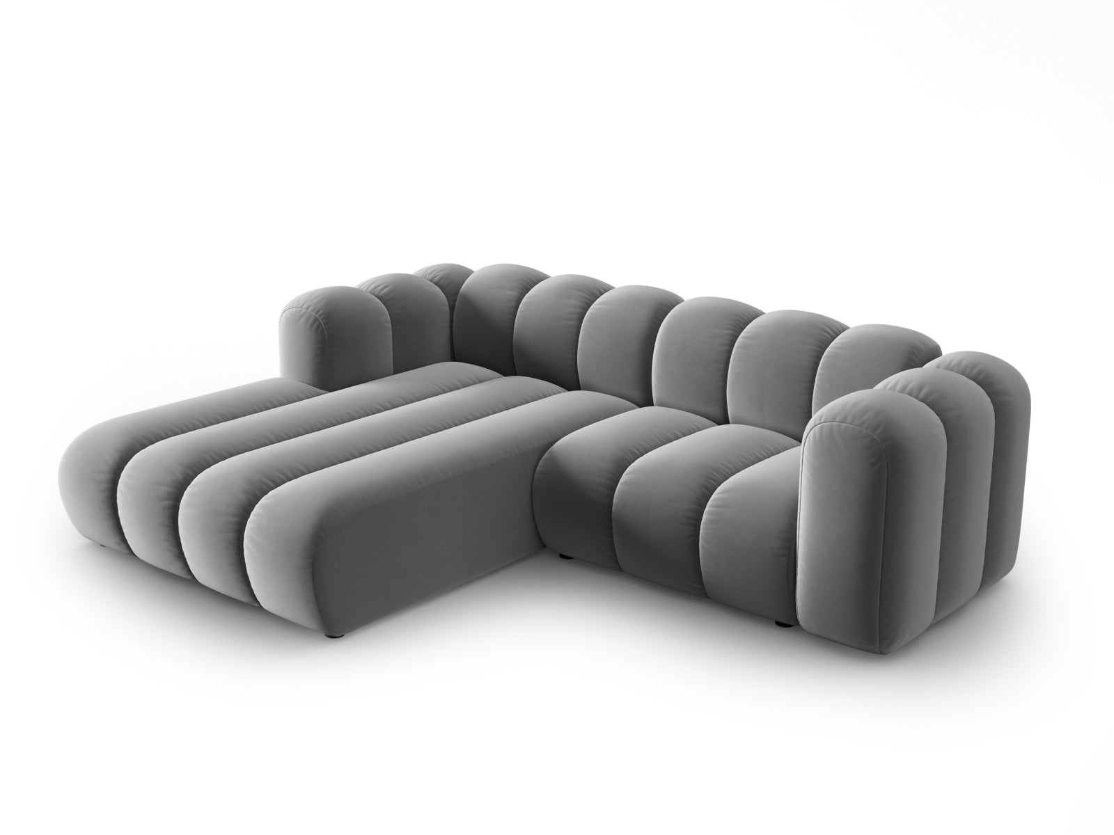 Elegantes, modulares Ecksofa in Velours, linksseitig, 3-Sitzer in stilvollem Grau, ideal für moderne Wohnräume.