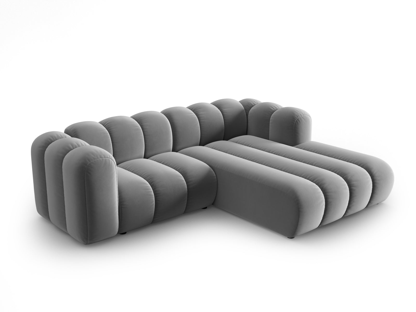 Elegantes, modulares Ecksofa in Velours mit 3 Sitzen, rechtsseitig, ideal für stilvolle Wohnräume. Farbe: Grey-Salvador.
