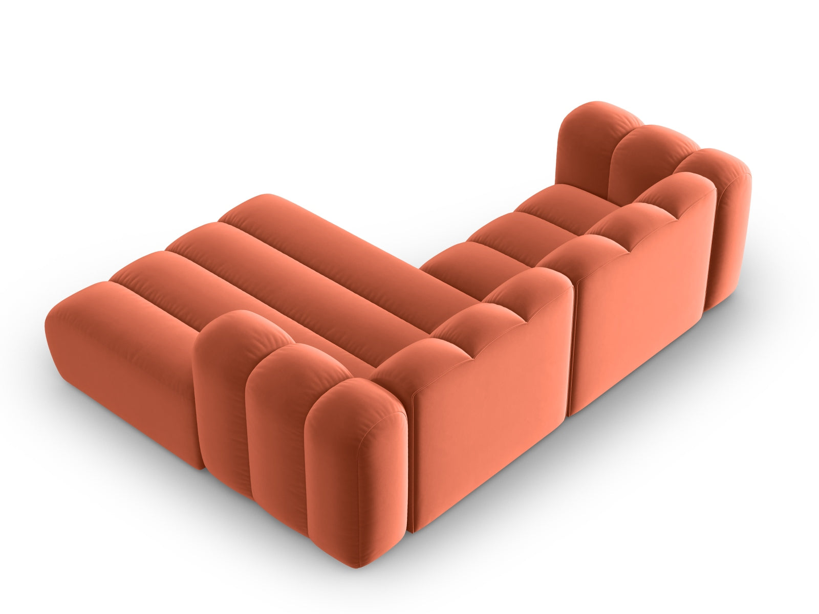 Elegantes, modulares Ecksofa in stilvollem Velours, 3-Sitzer, rechtsseitig, in ansprechendem Coral-Salvador, ideal für zeitgemäße Einrichtung.