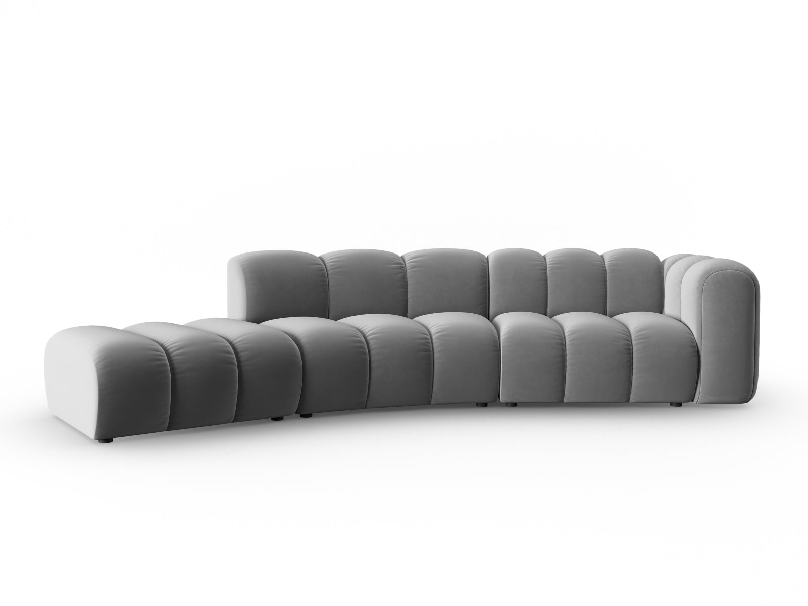 Elegantes Lupine Velour Sofa in Grau, 5-Sitzer, linksseitig, ideal für stilvolle Wohnräume, erhältlich bei KAQTU Design AG.