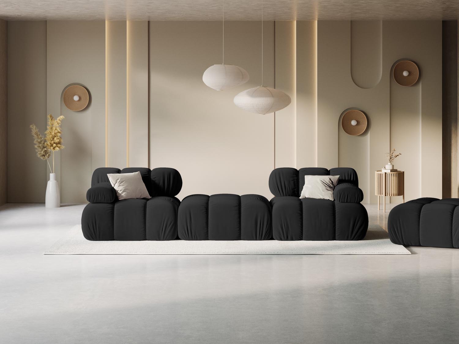 Elegantes Bellis Velour Sofa in Schwarz-Bluvel, 3-Sitzer, 188 cm, linksseitig, ideal für stilvolle Wohnräume.