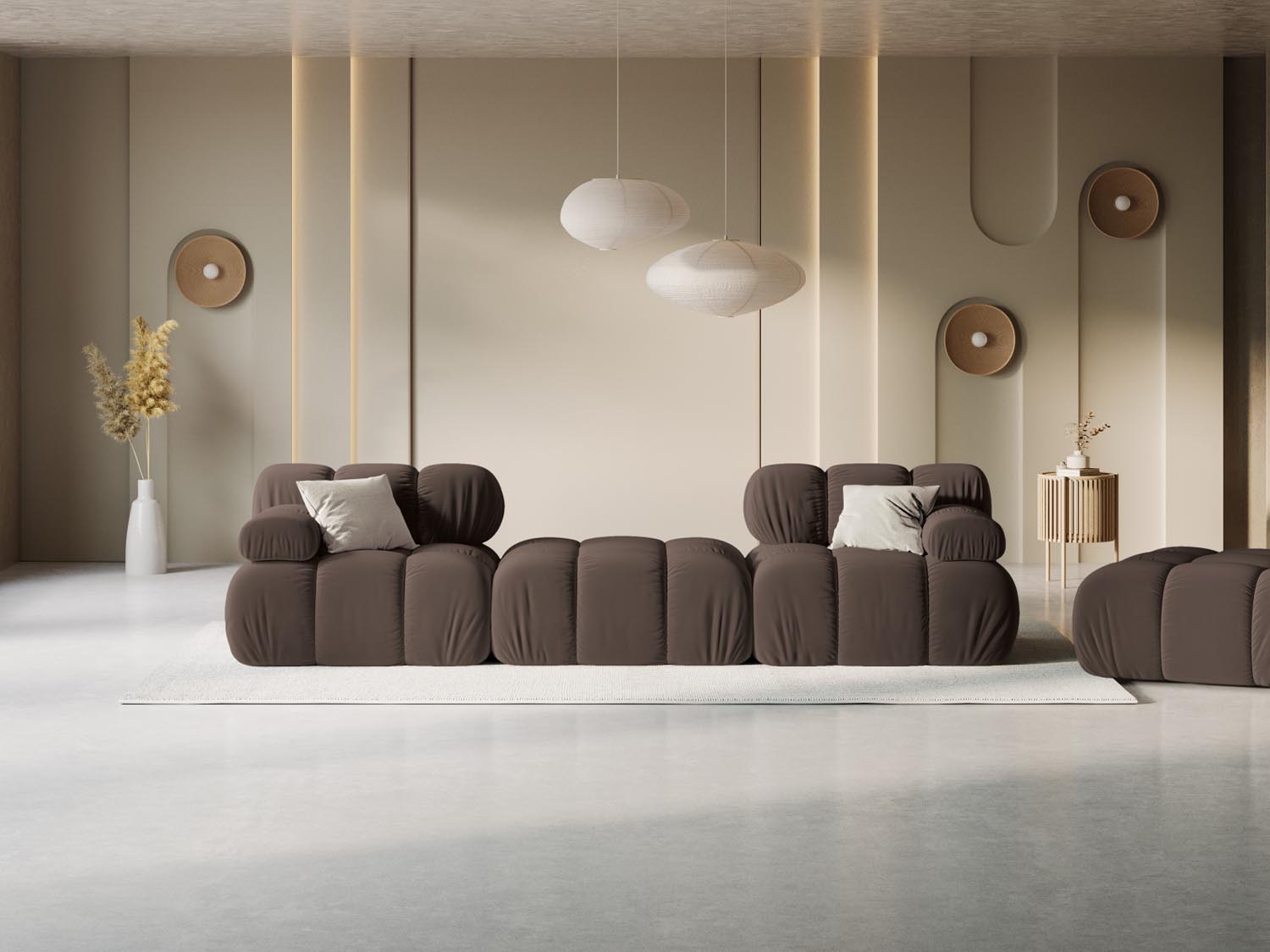 Elegantes Bellis Velour Sofa in Dunkelbraun, 3-Sitzer, modulares Design, ideal für stilvolle Wohnräume, präsentiert von Micadoni.