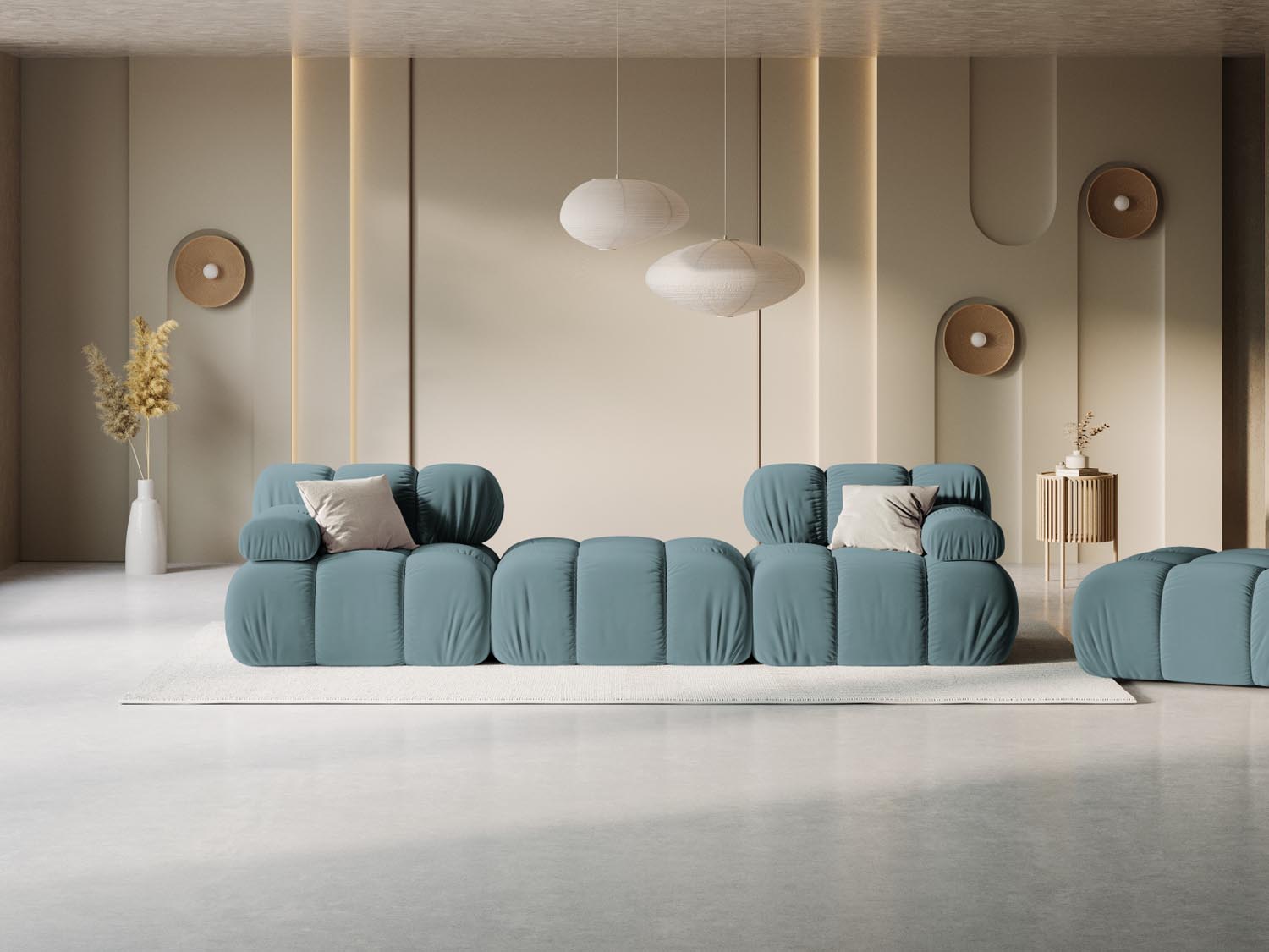Elegantes Bellis Velour Sofa in Türkis, 3-Sitzer, modulare Bauweise, ideal für stilvolle Wohnräume, präsentiert von Micadoni.