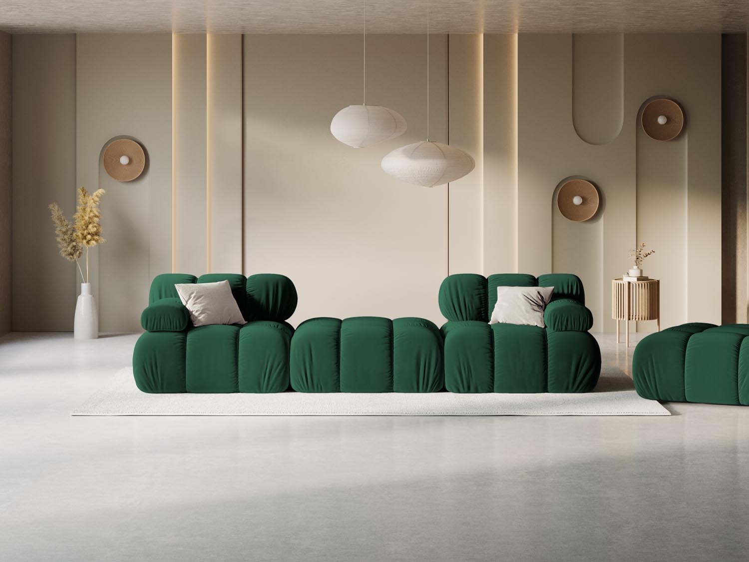 Elegantes Bellis Velour Sofa in Flaschengrün, 3-Sitzer, modulares Design, ideal für stilvolle Wohnräume, präsentiert von Micadoni.