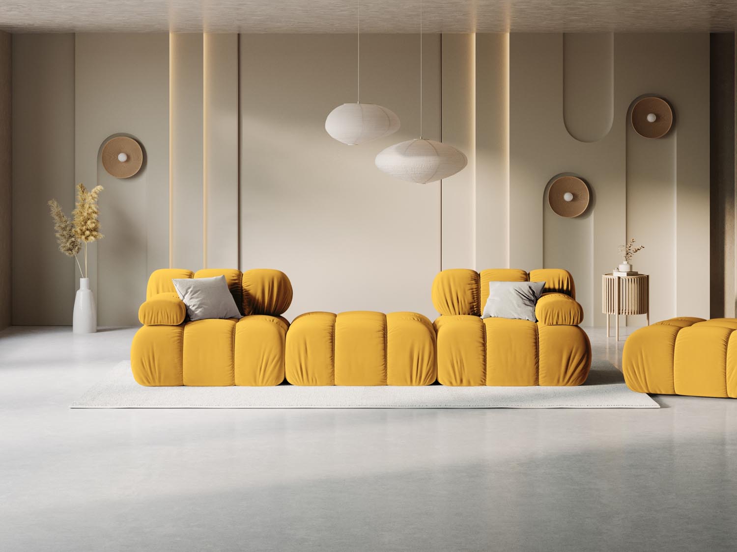Elegantes Bellis Velour Sofa in Gelb-Blau, 3-Sitzer, 188 cm, modulares Design, ideal für stilvolle Wohnräume, präsentiert von Micadoni.