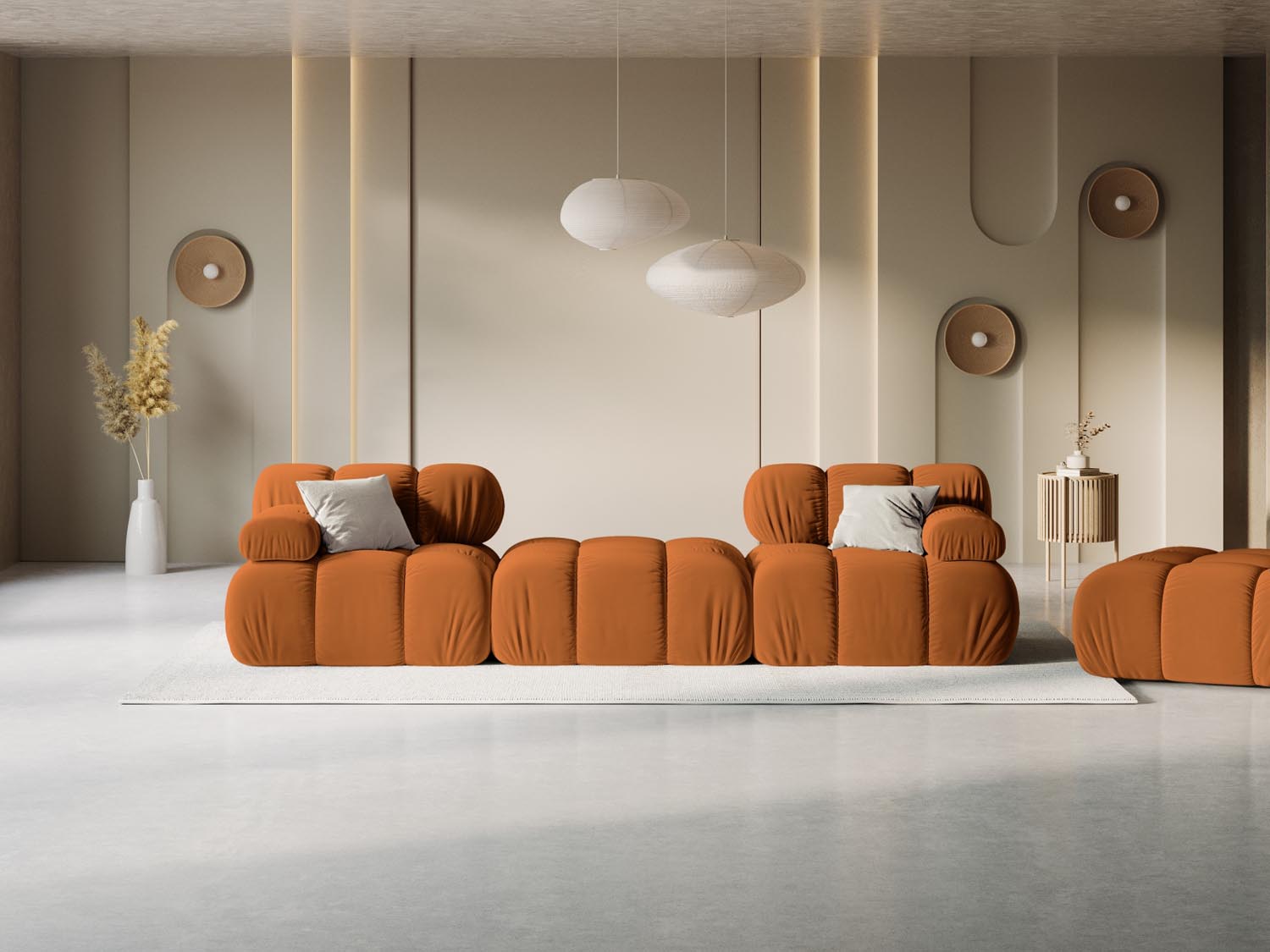 Elegantes Bellis Velour Sofa in Terracotta, 3-Sitzer, modulares Design, ideal für stilvolle Wohnräume, präsentiert von Micadoni.