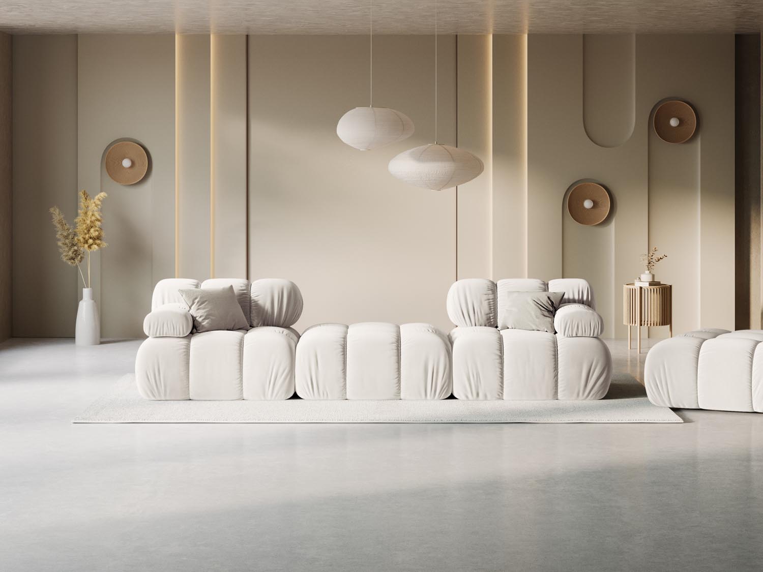 Elegantes Bellis Velour Sofa in Dunkelbeige, 3-Sitzer, modulares Design, ideal für stilvolle Wohnräume, präsentiert von Micadoni.