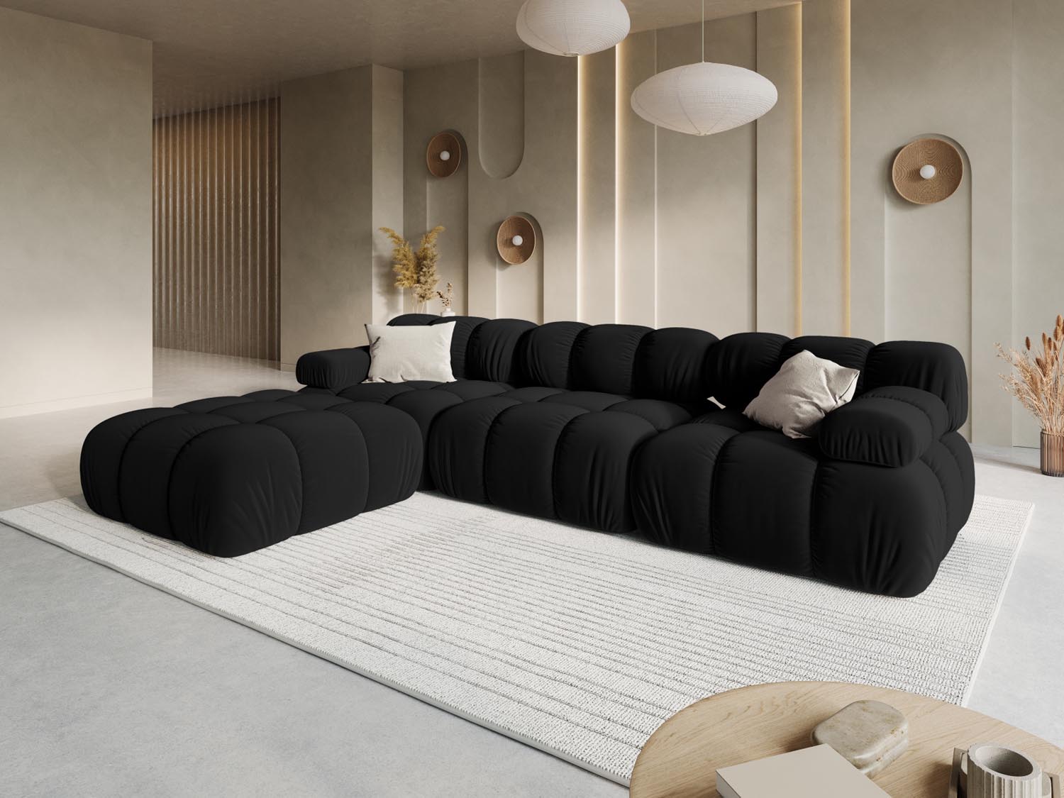 Elegantes Bellis Velour Sofa in Schwarz-Bluvel, 4-Sitzer, 188 cm, linksseitig, ideal für stilvolle Wohnräume.