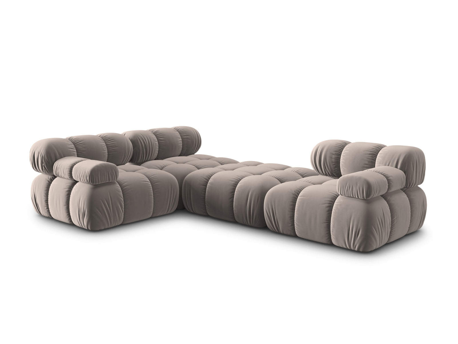 Modulares 4-Sitzer Sofa Bellis in weichem Velours, linksseitig, in warmem Cappuccino für moderne und flexible Wohnkonzepte.