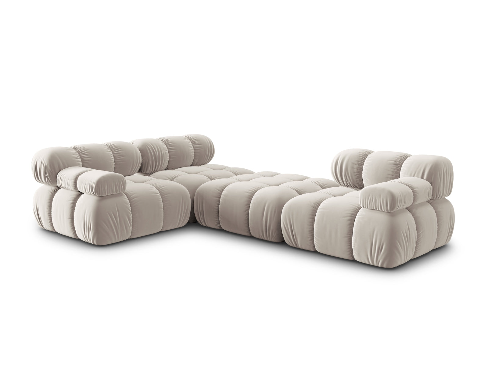 Modulares 4-Sitzer Sofa Bellis in Dunkelbeige aus Velours, ideal für stilvolle Wohnräume, bietet Flexibilität und hohen Sitzkomfort.