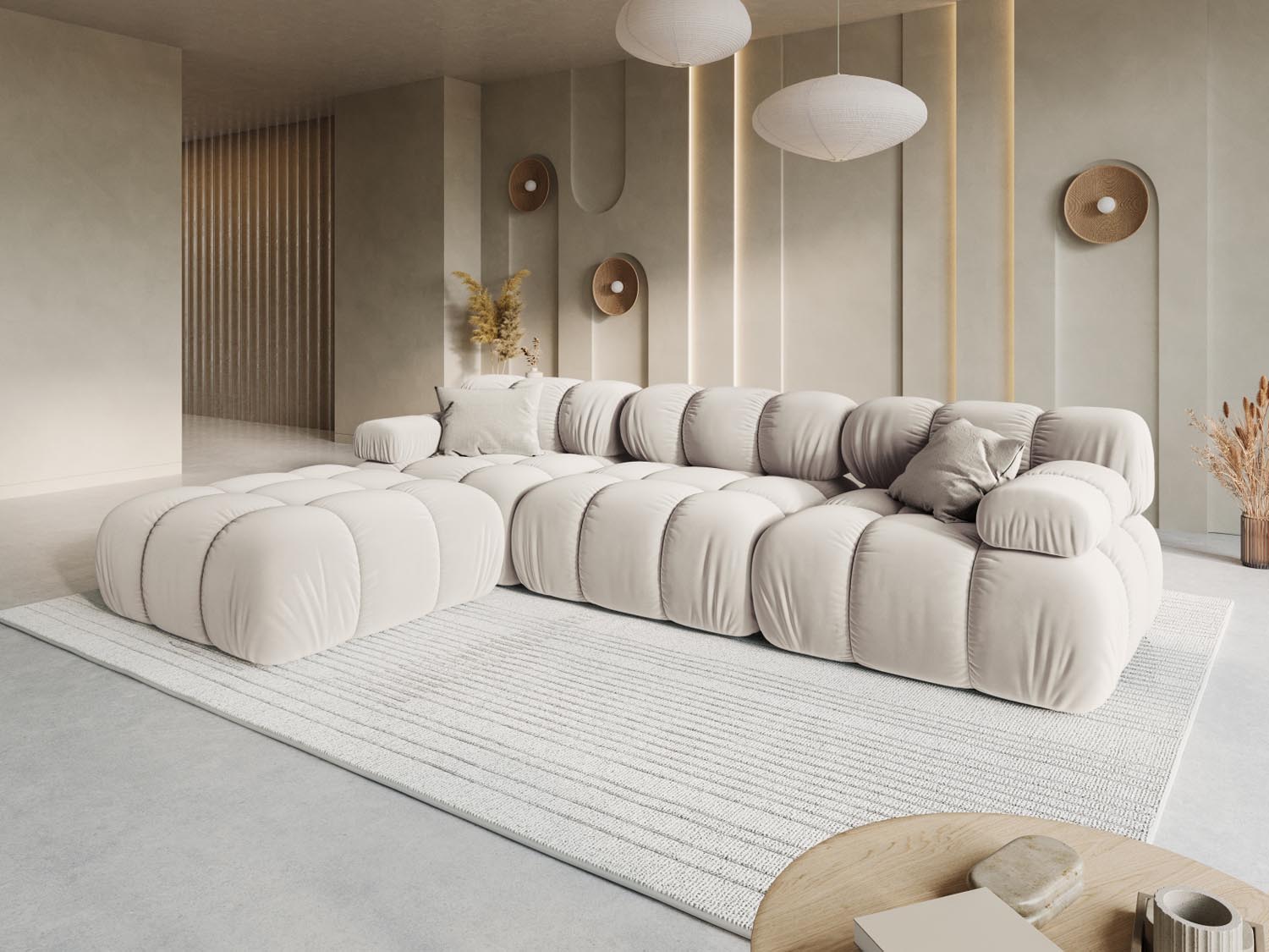 Entdecken Sie das elegante Bellis Velour Sofa 4 Sitzer von Micadoni. Modulares Design, hochwertige Materialien und pflegeleichter Velourstoff für Ihr stilvolles Wohnzimmer.