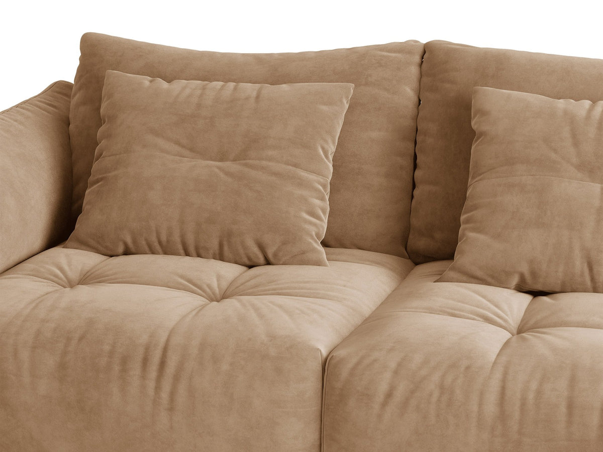 Eckmodul des Bloom Sofas von Micadoni in leichtem Beige, Bezug aus Casino Velours-Stoff, schwarze Kunststoffbeine, gepolsterte Rückenlehne.