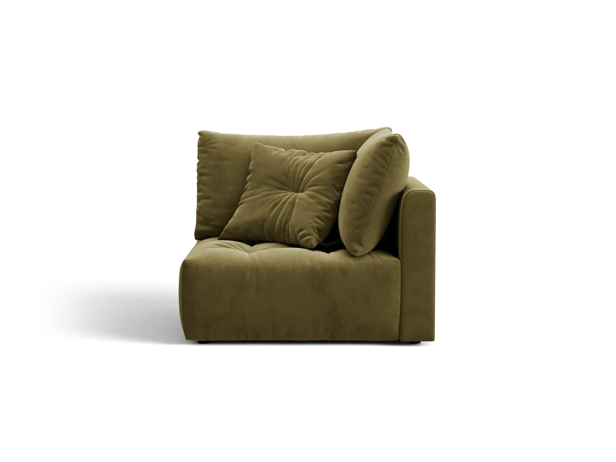Eckmodul des Bloom Sofas von Micadoni in leichtem Beige, Bezug aus Casino Velours-Stoff, schwarze Kunststoffbeine, gepolsterte Rückenlehne.