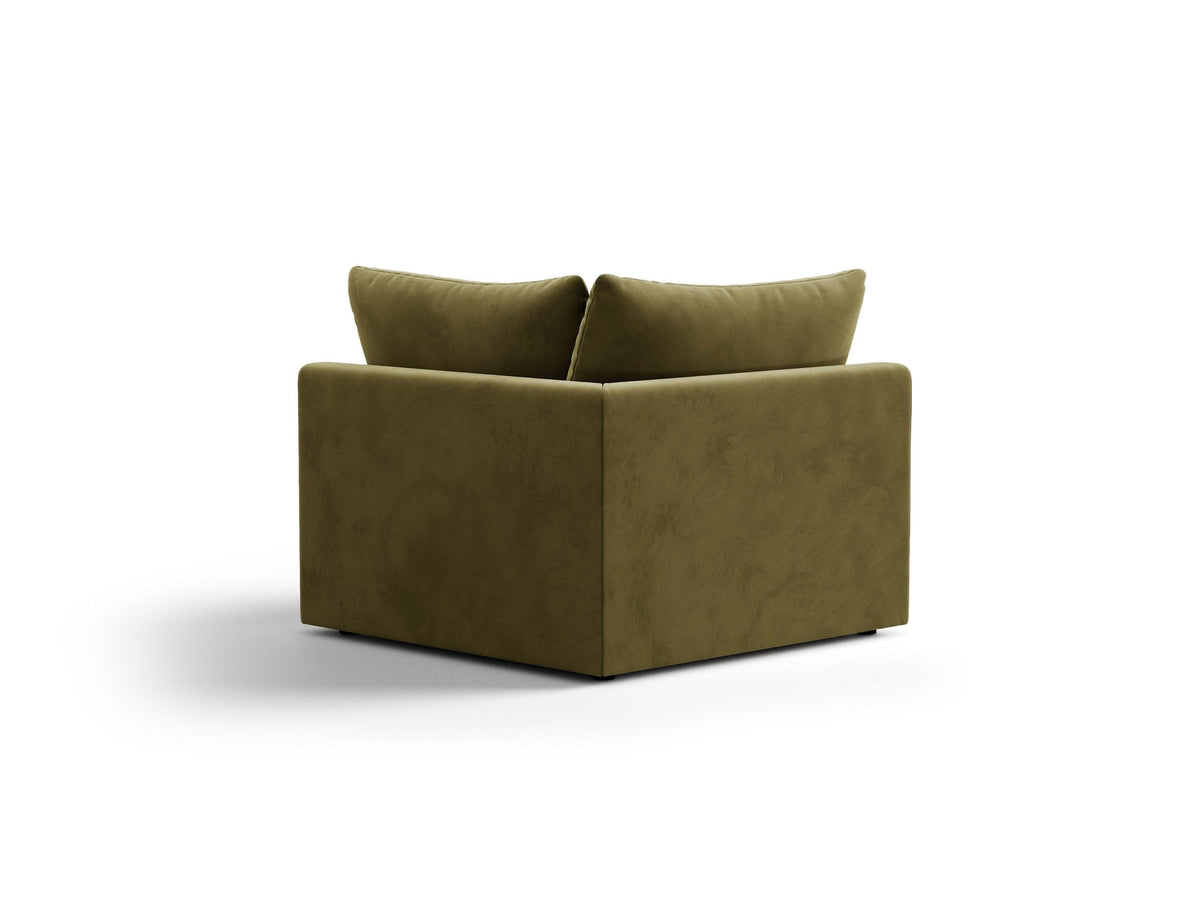 Eckmodul des Bloom Sofas von Micadoni in leichtem Beige, Bezug aus Casino Velours-Stoff, schwarze Kunststoffbeine, gepolsterte Rückenlehne.