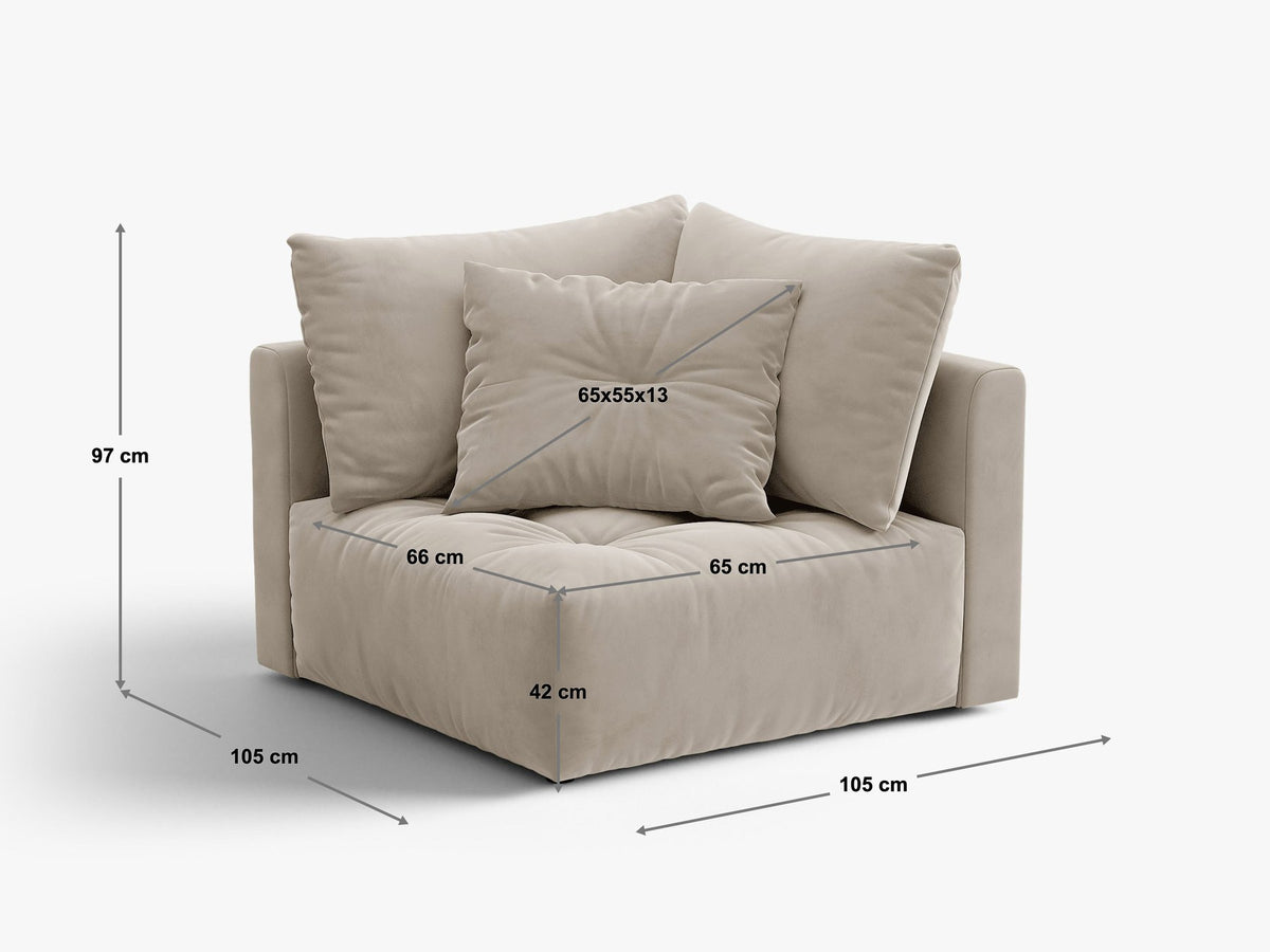 Eckmodul des Bloom Sofas von Micadoni in leichtem Beige, Bezug aus Casino Velours-Stoff, schwarze Kunststoffbeine, gepolsterte Rückenlehne.