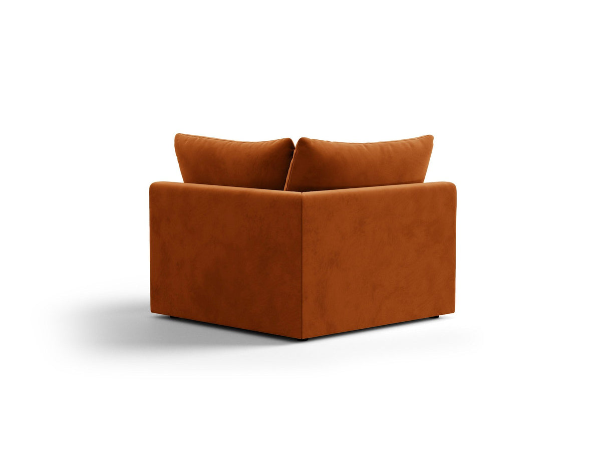Eckmodul des Bloom Sofas von Micadoni in leichtem Beige, Bezug aus Casino Velours-Stoff, schwarze Kunststoffbeine, gepolsterte Rückenlehne.