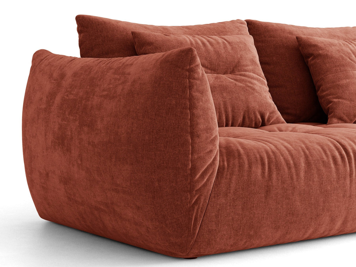 Eckmodul des Bloom Sofas von Micadoni in leichtem Beige, Bezug aus Casino Velours-Stoff, schwarze Kunststoffbeine, gepolsterte Rückenlehne.