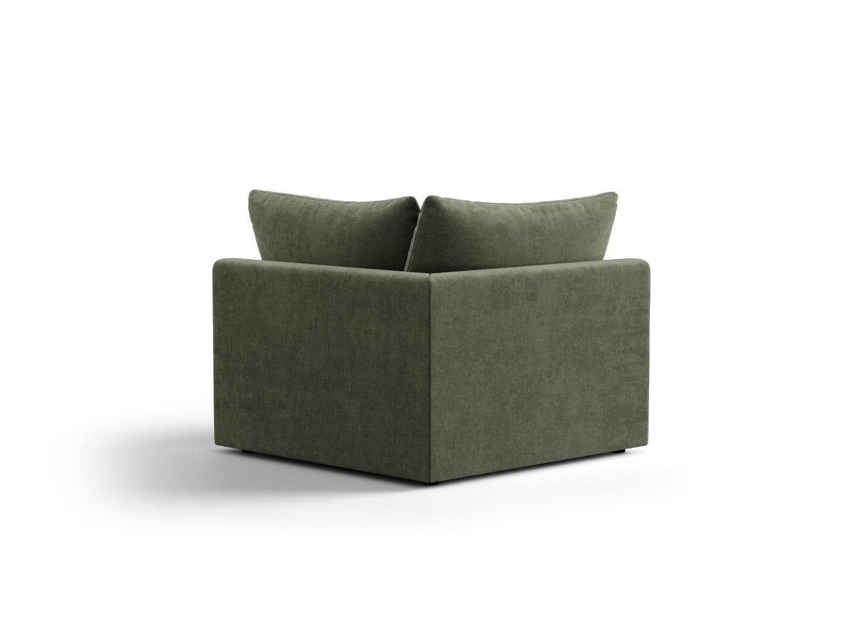 Eckmodul des Bloom Sofas von Micadoni in leichtem Beige, Bezug aus Casino Velours-Stoff, schwarze Kunststoffbeine, gepolsterte Rückenlehne.