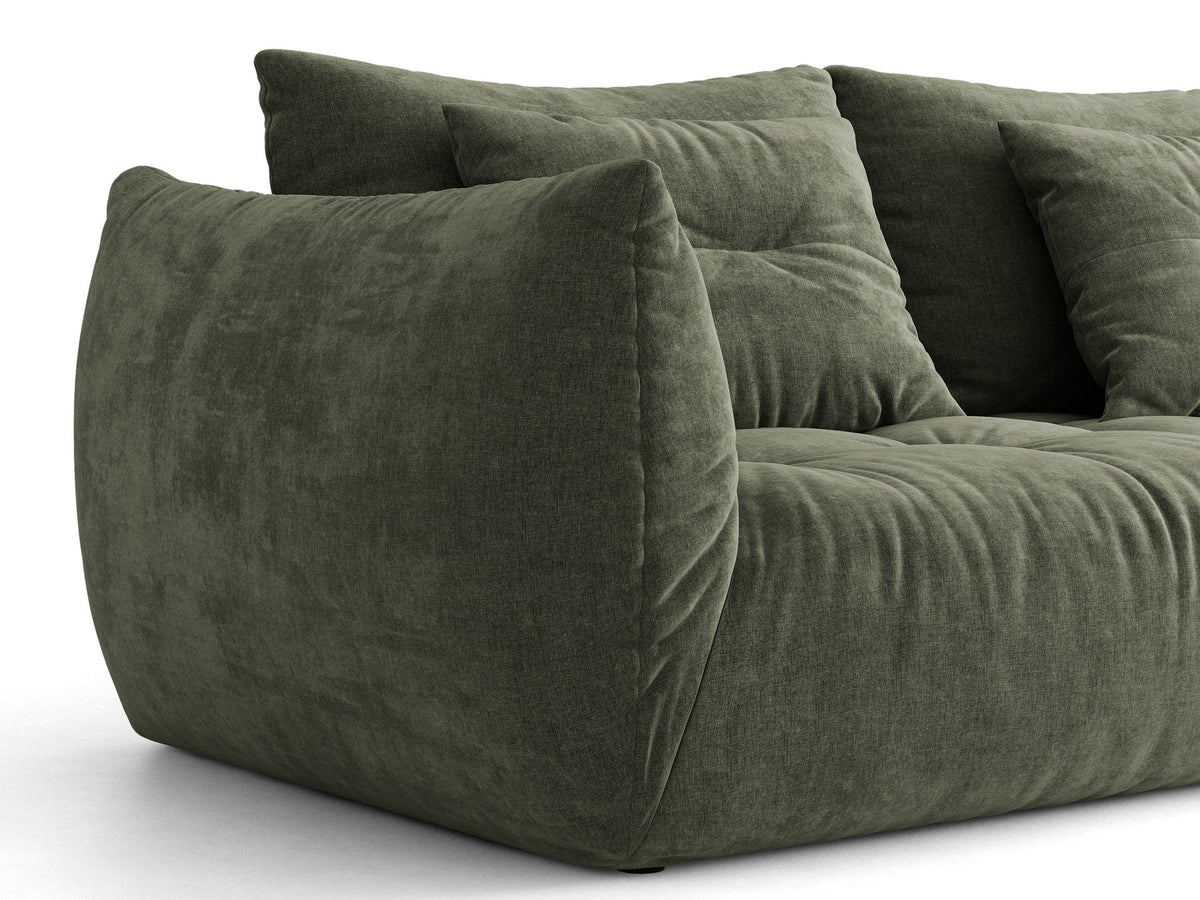 Eckmodul des Bloom Sofas von Micadoni in leichtem Beige, Bezug aus Casino Velours-Stoff, schwarze Kunststoffbeine, gepolsterte Rückenlehne.