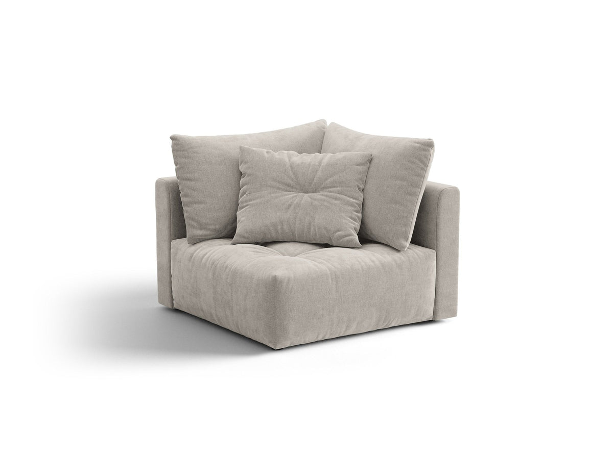 Eckmodul des Bloom Sofas von Micadoni in leichtem Beige, Bezug aus Casino Velours-Stoff, schwarze Kunststoffbeine, gepolsterte Rückenlehne.