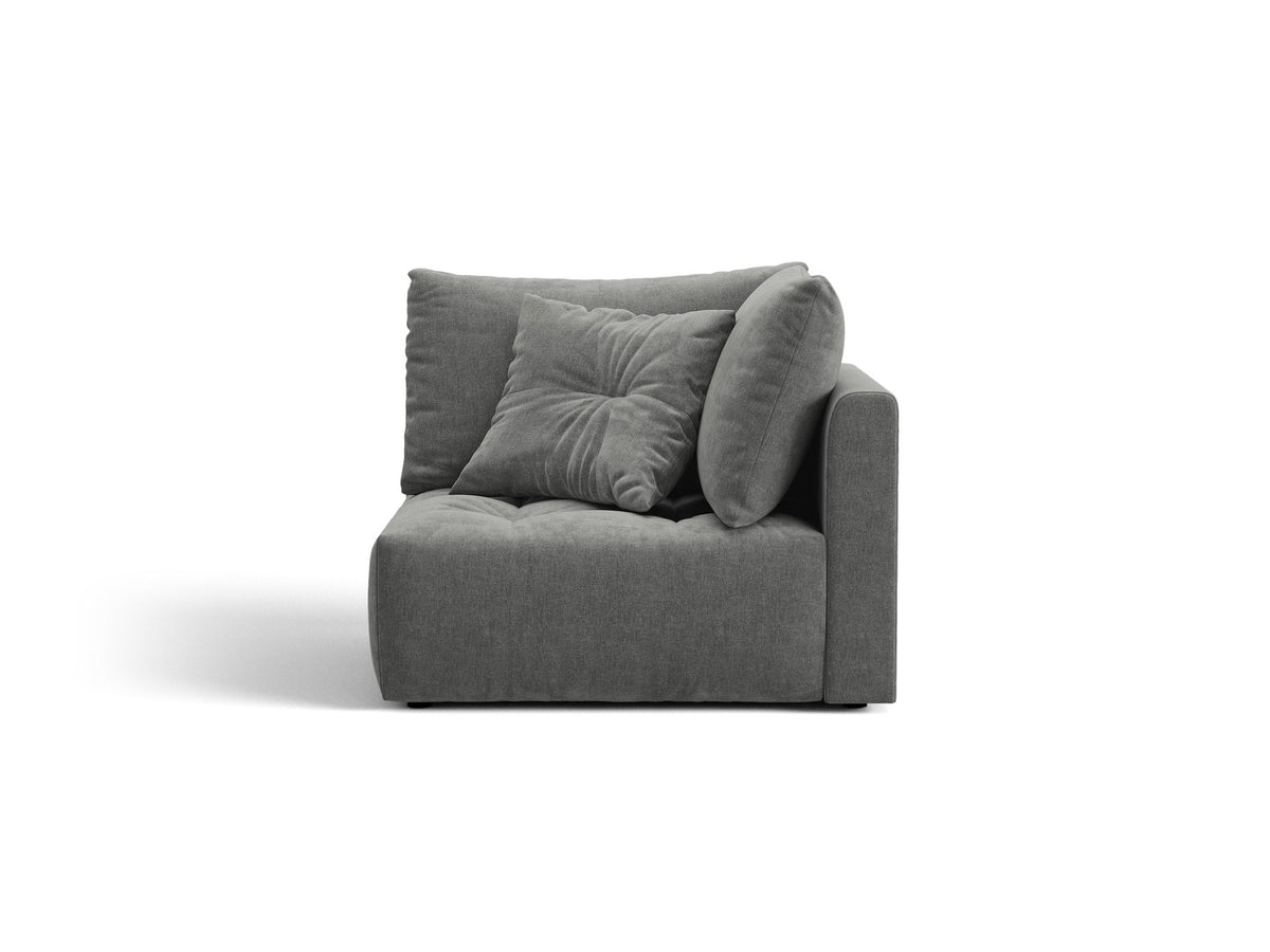 Eckmodul des Bloom Sofas von Micadoni in leichtem Beige, Bezug aus Casino Velours-Stoff, schwarze Kunststoffbeine, gepolsterte Rückenlehne.