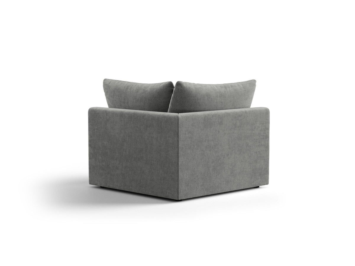 Eckmodul des Bloom Sofas von Micadoni in leichtem Beige, Bezug aus Casino Velours-Stoff, schwarze Kunststoffbeine, gepolsterte Rückenlehne.