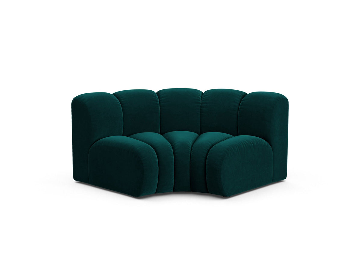 Produktfoto des Lupine Eckmoduls von Micadoni: modulares Sofa-Eckelement in leichtem Beige mit Venus-Samtbezug und schwarzen Kunststoffbeinen.