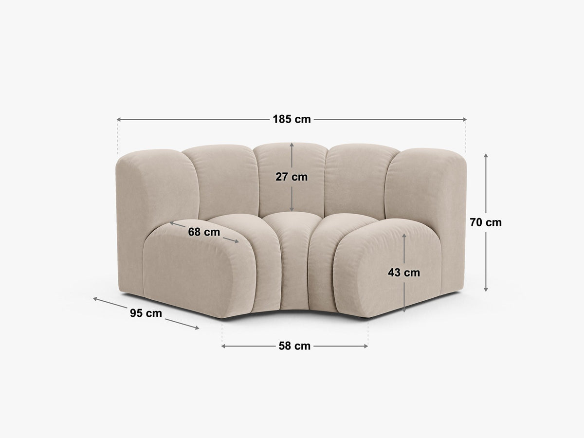 Produktfoto des Lupine Eckmoduls von Micadoni: modulares Sofa-Eckelement in leichtem Beige mit Venus-Samtbezug und schwarzen Kunststoffbeinen.