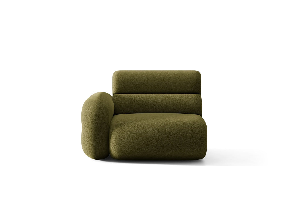 Modulares Sofa Neo von Micadoni in Dunkles olivgrün mit strukturiertem Bouclé-Stoffbezug, schwarzen Kunststoffbeinen und hoher Rückenlehne.